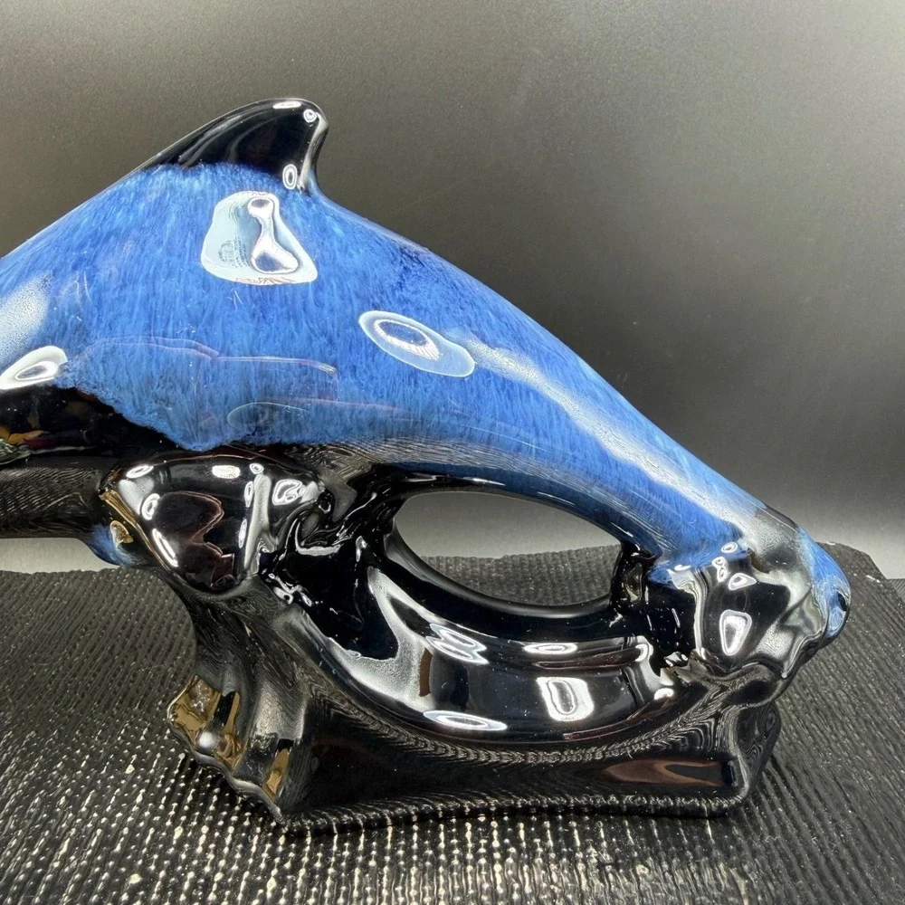Blue Black Drip‎ Glaze Ceramic Dolphin Figurine Nautical Coastal Decor 7 Inch